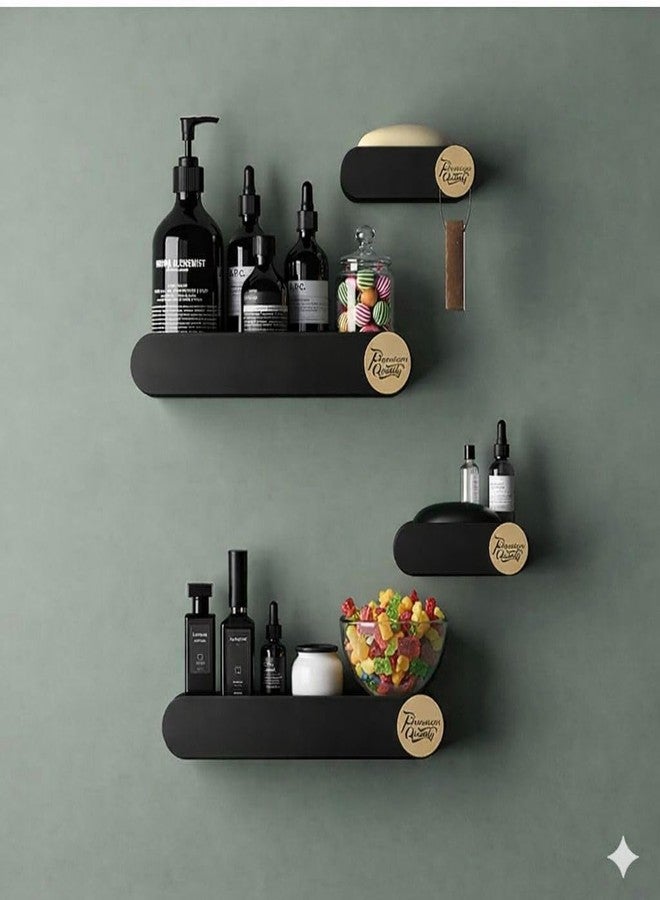 RIOMAX Pack of 4 Bathroom Shelf for Wall, Self-Adhesive Bathroom Organiser, Wall Mounted Shelf, Kitchen Storage Racks, Soap Holder (Plastic, 2 Bathroom Shelves+ 2 Soap Holders) (Black) - Image 1
